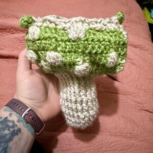 Handmade Crochet Mushroom Drawstring bag in Green and Cream